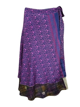 Mogul Women Blue,Pink Magic Wrap Skirt 2 Layer Printed Indian Vintage Sari Reversible Beach Wear Wrap Around Skirts