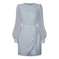 thumbnail image 7 of Womens Long Sleeve Crewneck Chiffon Dress Solid Tie Waist Mini Dress Fashion Slim Fit Short Tunic Dress, 7 of 7