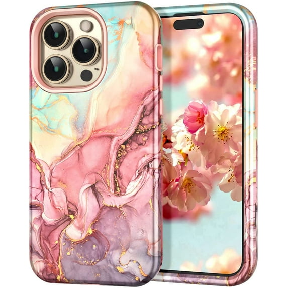 CASEFIV for iPhone 14 Pro Case,Marble Stylish Heavy Duty Shockproof Full Body Protection Women Girl Covers,Rose Gold