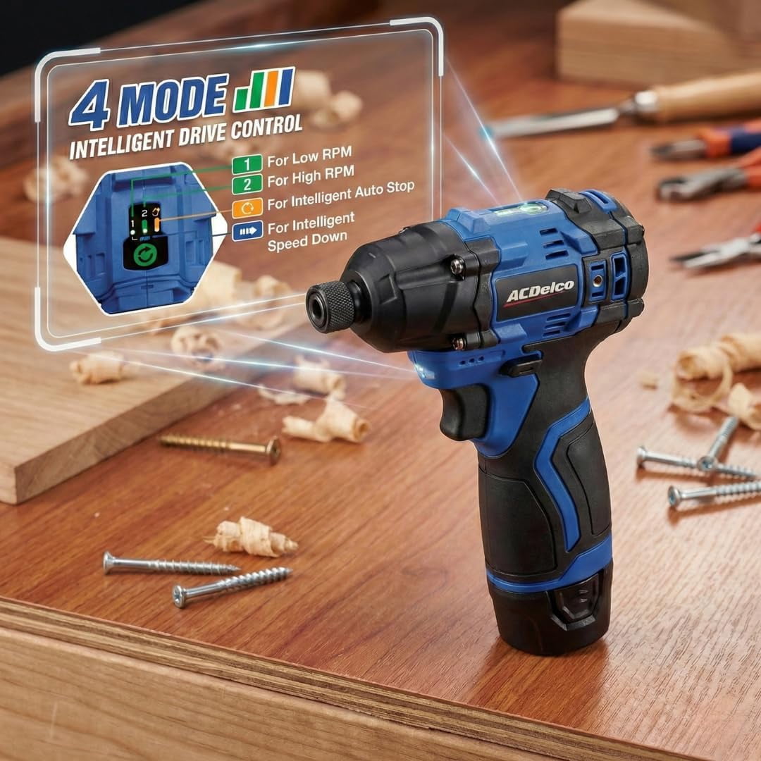 ACDelco G12 12V Brushless 1/4" Hex Impact Driver Kit, Includes (2) 2.0Ah Batteries and (1) Fast Charger, 125 ft-lbs Max Torque, 4-Mode Control, Sub-Compact for Automotive Repair - ARI12185-P2