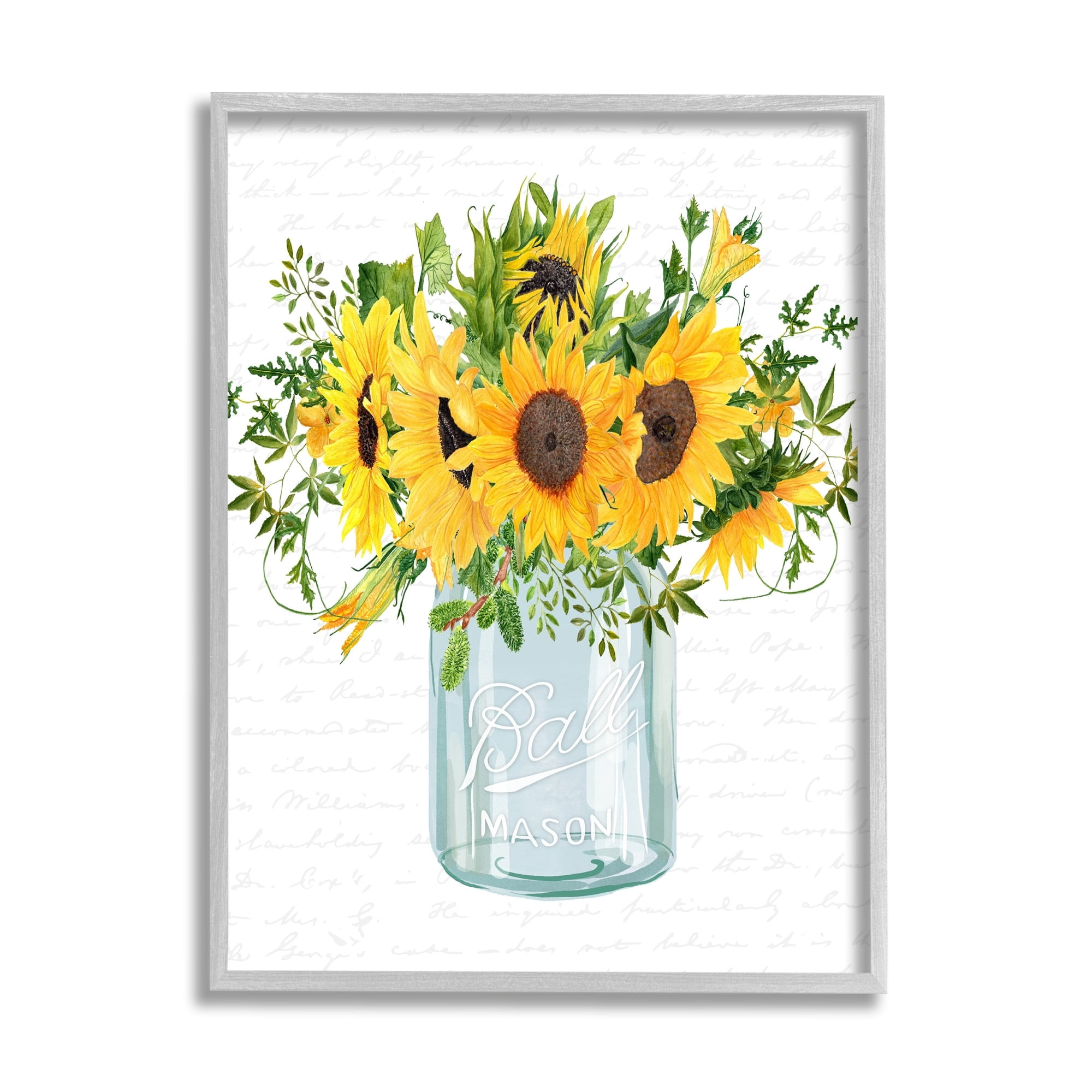 Stupell Industries Country Sunflowers Bouquet Vintage Script Text Pattern Graphic Art Gray Framed Art Print Wall Art, Design by Lettered and Lined