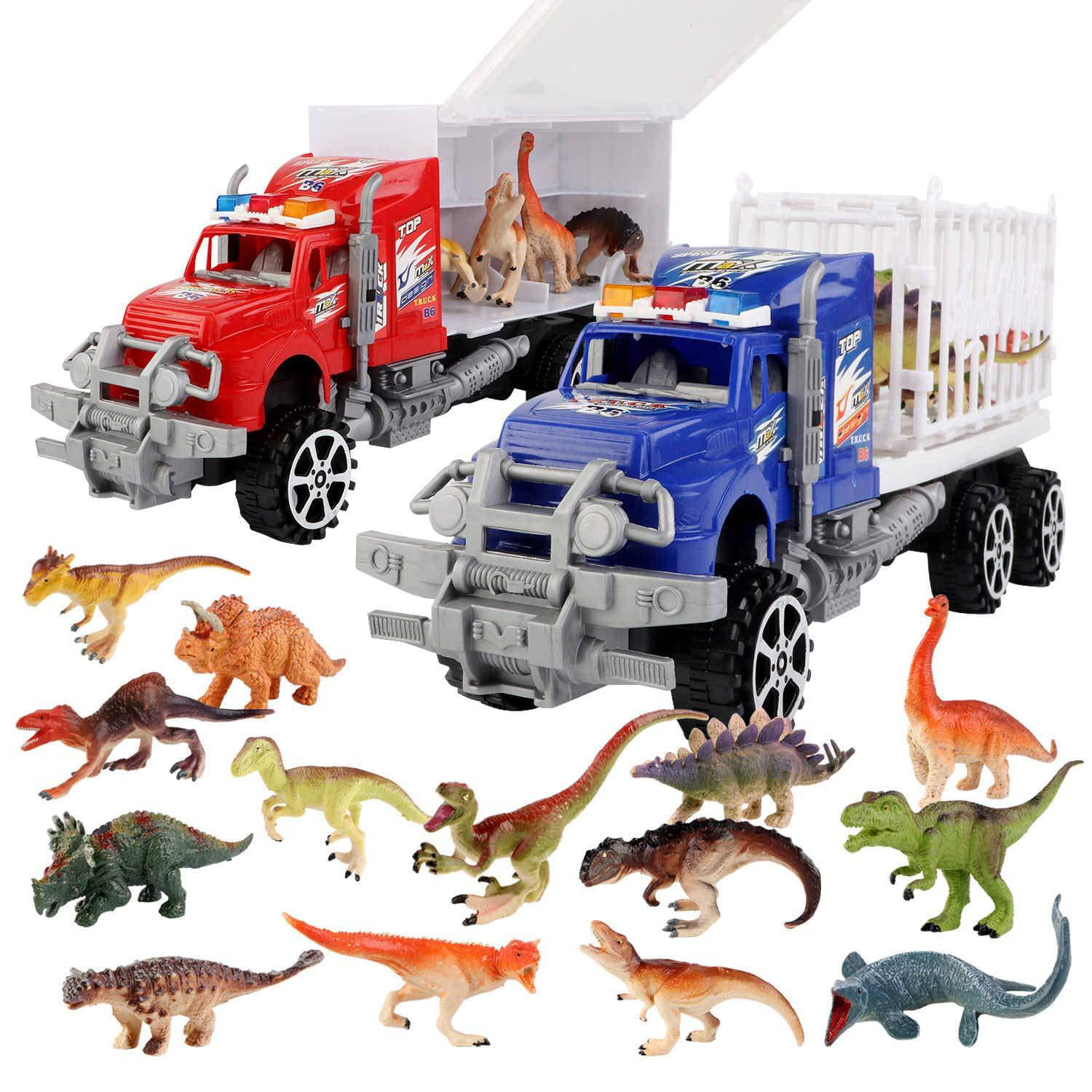 Dinosaur Toys with Truck Carrier Jurassic World Dinosaur Toys with 6 Dinosaurs 6 Animals and Double Sides Storage Truck Car Toys Jurassic Dinosaur Toys Gift for 3 4 5 6 7 Years Old Boys Girls