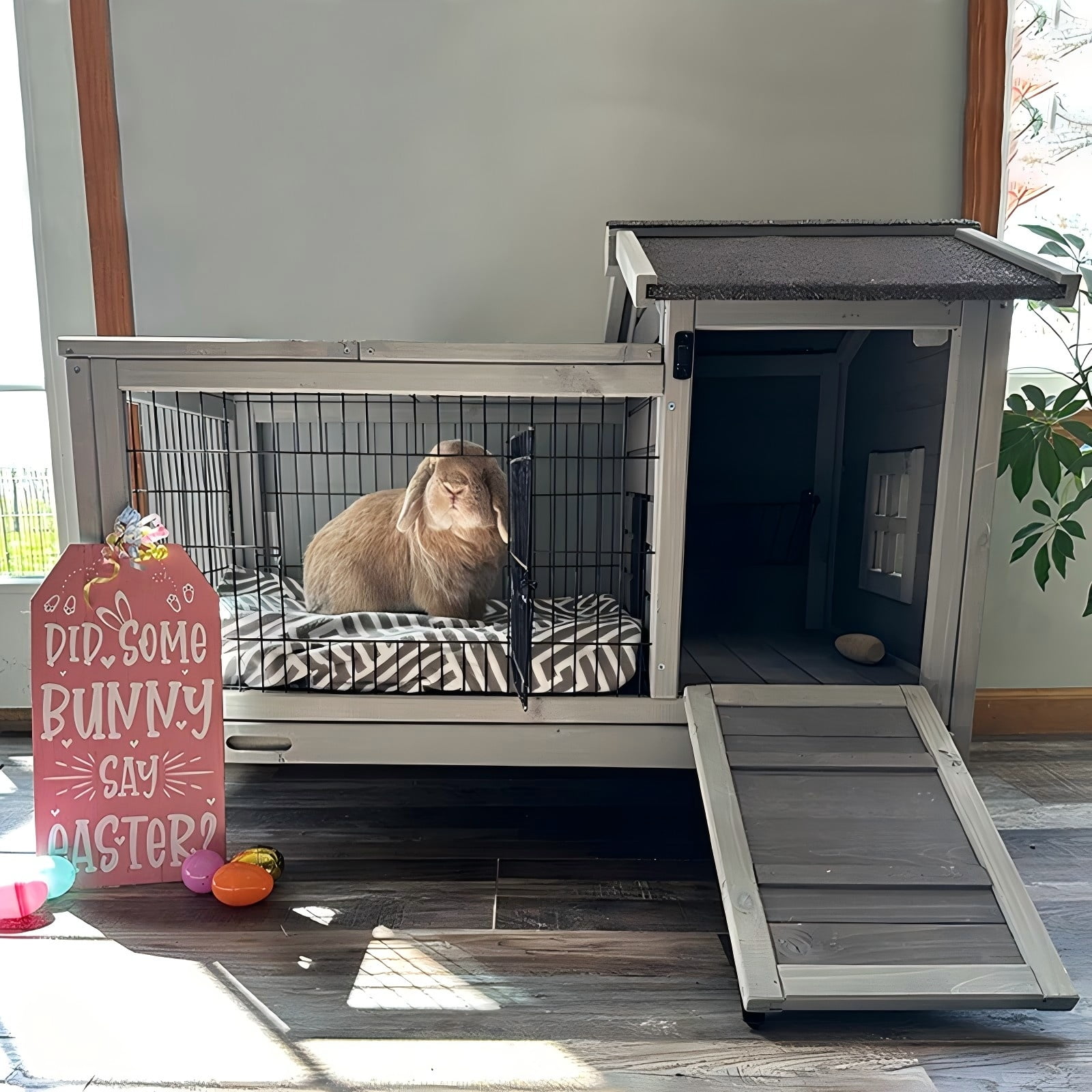 MEDEHOO Rabbit Cage with Wheels Bunny Hutch w/ Leak-Proof Tray, Rabbit Hutch for Outdoor and Indoor with Rest and Activity Area