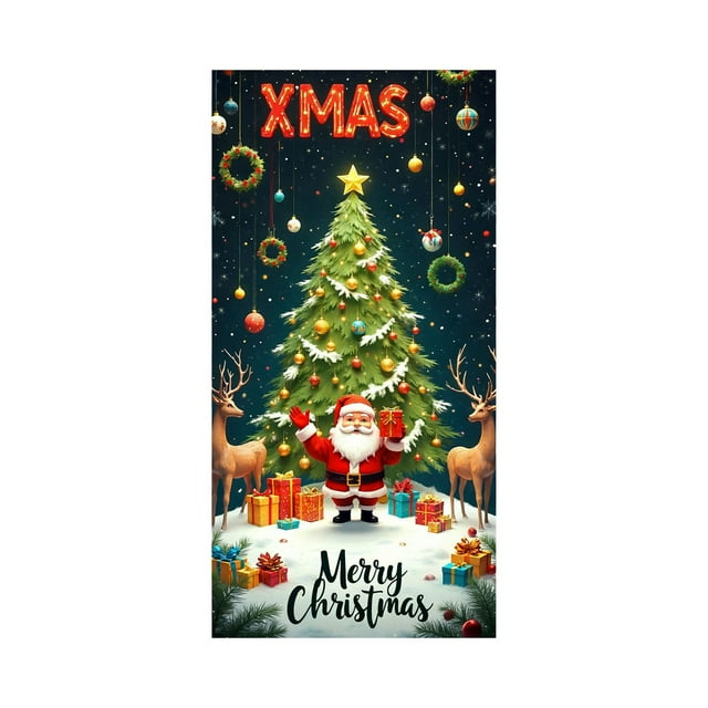 Christmas Door Cover 35 Inch X 72 Inch Polyester Santa Claus Design Indoor Door And Wall Decoration For Holiday Party