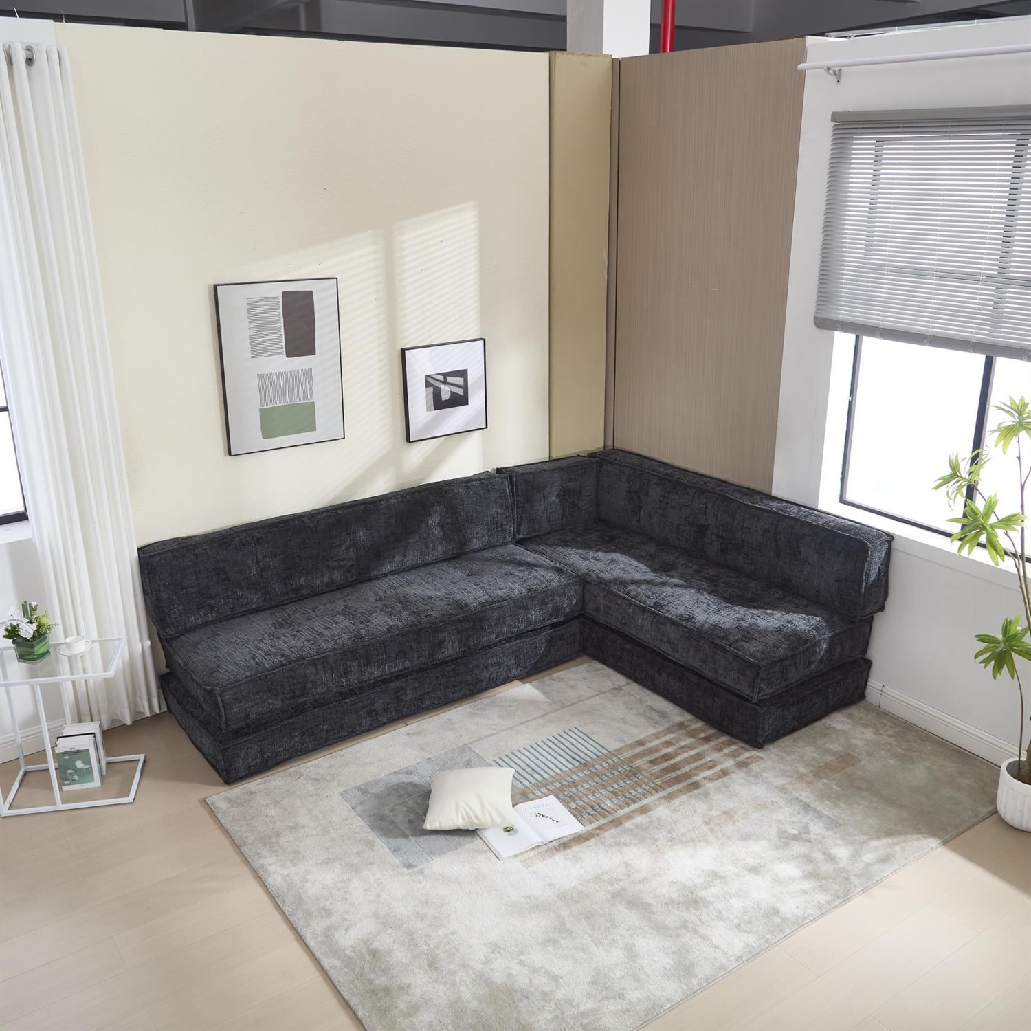 Demi Bonn 78" Versatile Chenille Sectional Sofa with Side Pocket, Modern Couch for Living Room, Customize Layout to Fit Any Space, Black