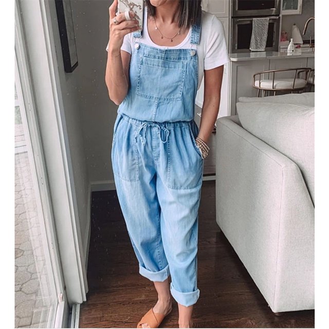 2023 mono vaquero para mujer con cordones fino suelto Casual mono con cintura elástica Color sólido primavera otoño pantalones de pierna ancha mono