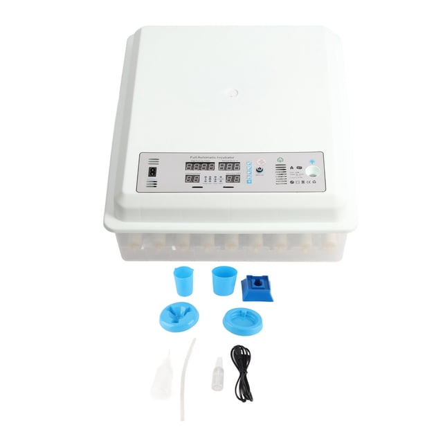 incubadora de huevos totalmente automática nikou control inteligente de temperatura 64 huevos, unidad blanca de ABS con panel digital frontal y bandeja transparente para 64 huevos, accesorios azules visibles; apta para incubación automática de aves y a menudo usada también para huevos de pequeños reptiles o aves acuáticas.
