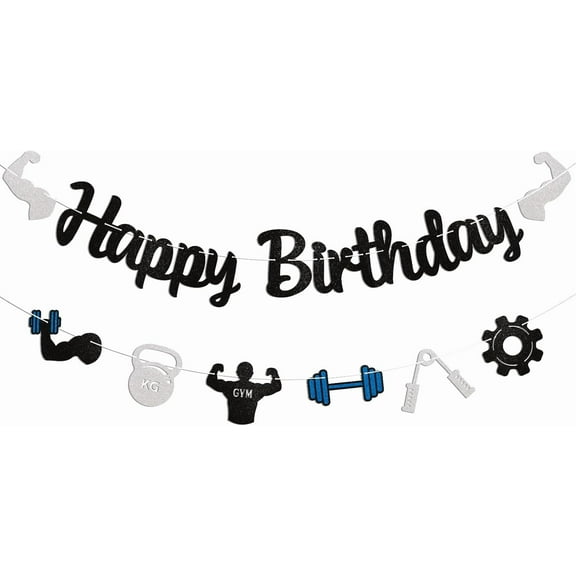 GYM Birthday Party Banner - Sports/Bodybuilding/Weightlifting Happy Birthday Banner, Gym Weight Lifting Cross Fit Fitness Themed Bday Party Supplies Black Glitter