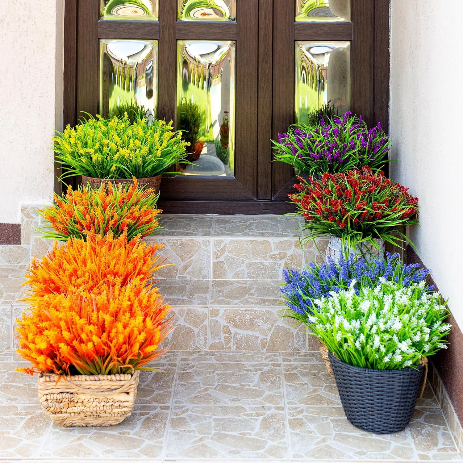 8PCS Artificial Flowers for Outdoors, Fake Lavender with Grass UV Resistant Plastic Faux Autumn Plants for Garden Thanksgiving Home Decor (Orange)