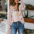 thumbnail image 6 of Fesfesfes Women Tops Basic Floral Printed Blouse Ladies Loose V-Neck Lace Lantern Long Sleeve Chiffon Shirt Top, 6 of 9