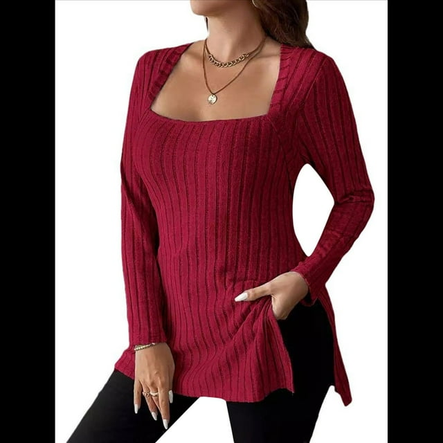 Camisas de Larga para Mujer, Blusas Casuales Modernas con Cuello Cuadrado, Suéteres Ligeros. Vino Tinto XXL
