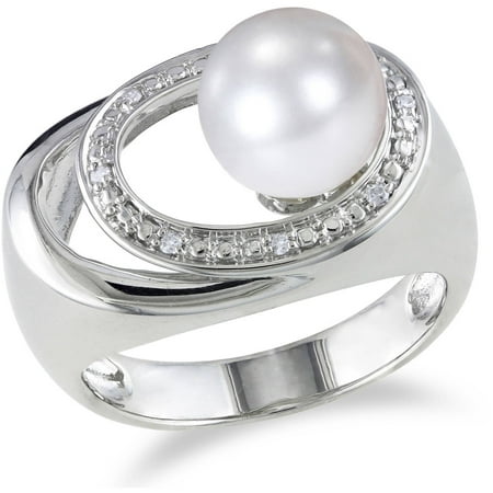 Miabella 9-9.5mm White Round Freshwater Cultured Pearl and Diamond-Accent Sterling Silver Cocktail Ring