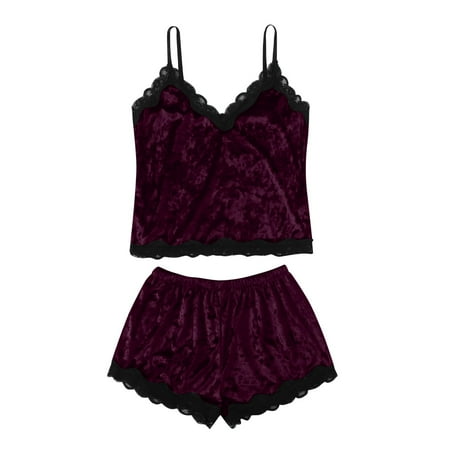 

iOPQO lingerie for women Suede Lingerie Underwear Sleepwear Nightdress Pajamas Shorts Lace M-XXL Wine L