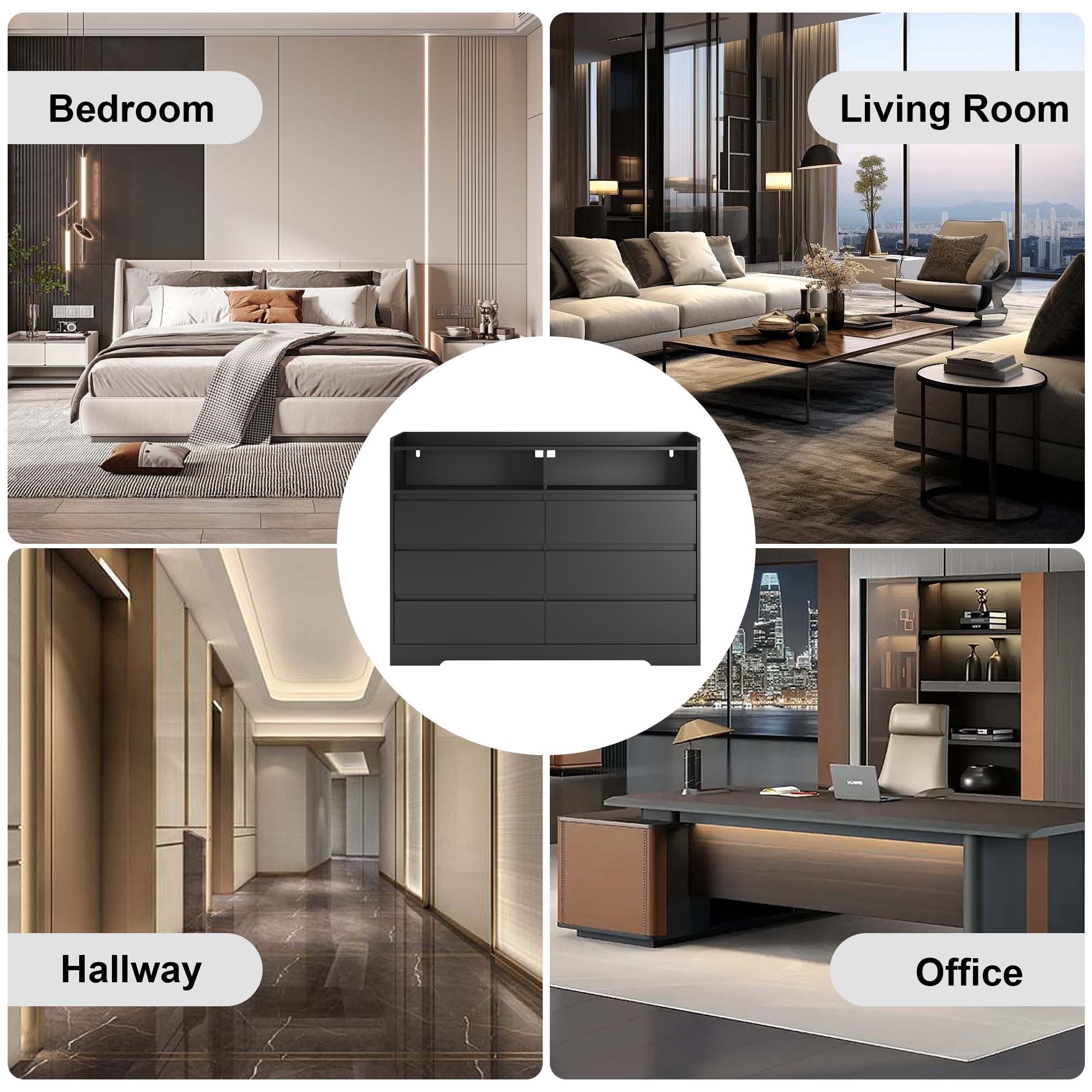Aukfa Modern 6-Drawer Dresser Storage Buffet Cabinet with LED for Bedroom Living Room, Black