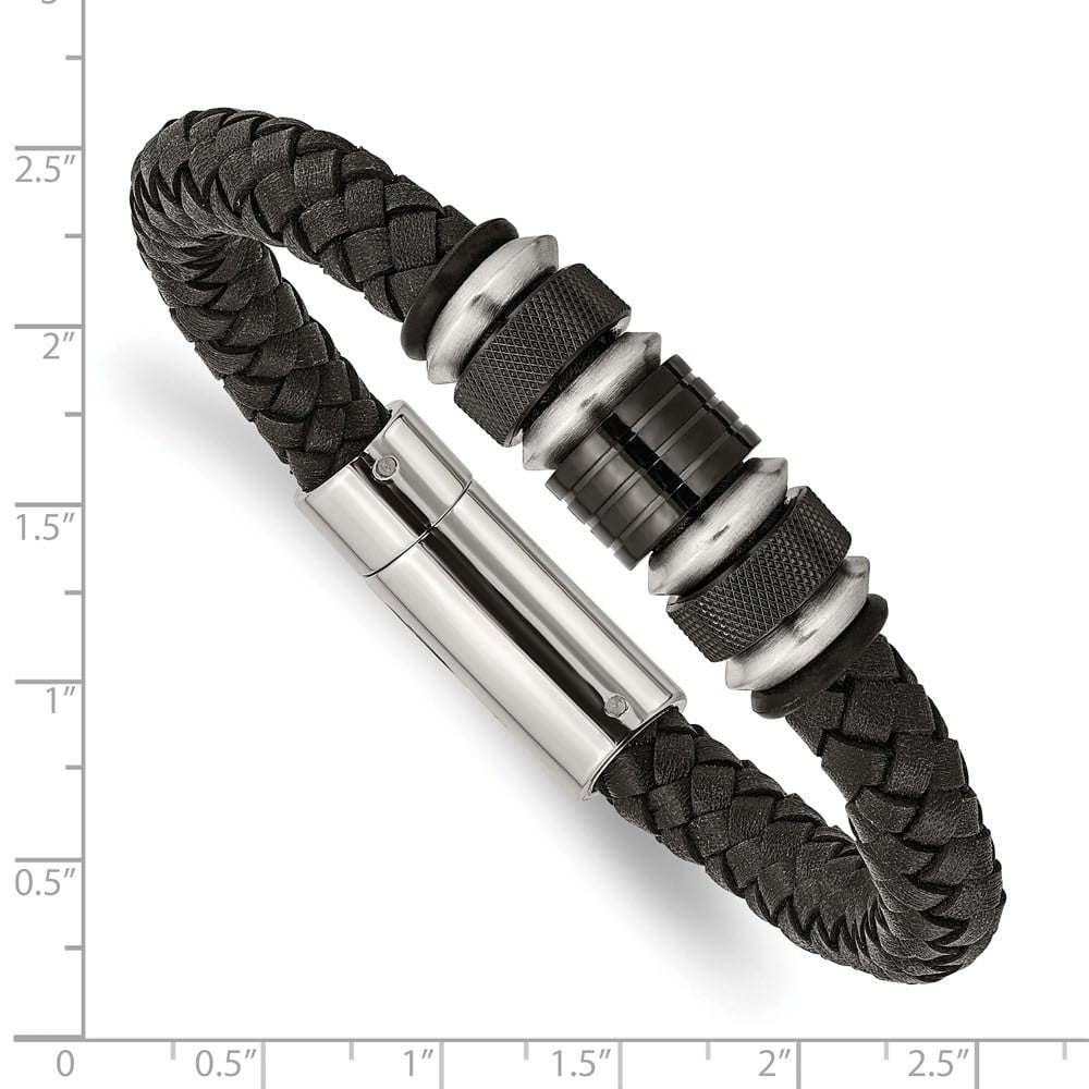 Diamond2Deal Stainless Steel Black IP-Plated Black Braided Leather and Rubber Bracelet for Men 8.5"