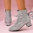 thumbnail image 5 of Women's Sparkly Sequin Dress Boots Glitter Leather Chunky Low Heel Mid Calf Short Ankle Booties for Christmas Wedding Party Silver Size 6, 5 of 7