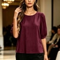 thumbnail image 5 of Vivianyo HD Women's Crew Neck Textured Blouse, Puff Short Sleeve Solid Loose Casual Summer Shirts for Women, Women's Red, Sizes S-2XL, 5 of 5