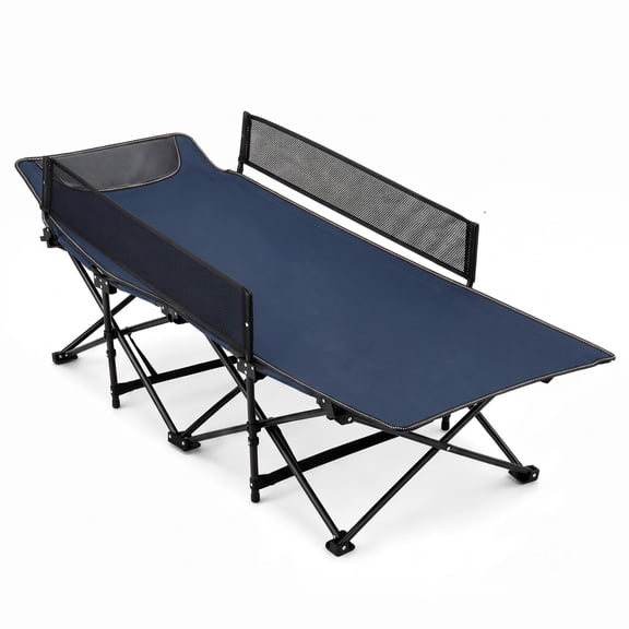 ALPULON Portable Travel Toddler Cot Bed with Guardrail, Folding Camping Cot with Breathable Mesh Rails, Padded Headrest & Carry Bag, 330 lbs Capacity for Outdoor, Navy