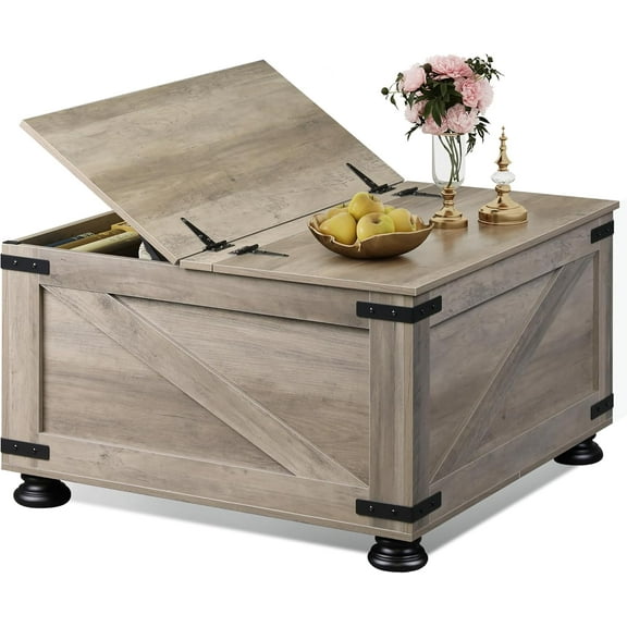 KWUXIN Farmhouse Coffee Table, 31.5" Square Wood Center Table with Flip-Top Lids and Large Hidden Storage Compartment for Living Room, Bedroom, Grey Oak