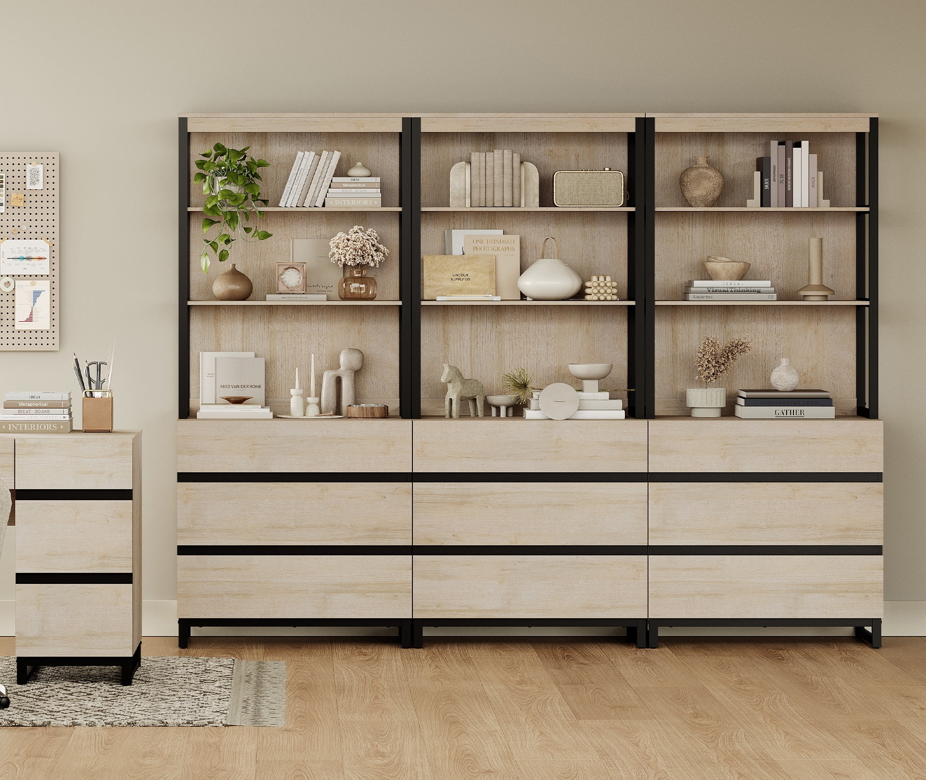 WAMPAT 3-Piece Modern 72" Tall Library Bookcases with 9 Drawers & Open Shelves, Wood Freestanding Bookshelves with Storage Cabinet & Metal Base for Home Office & Living Room, Beige