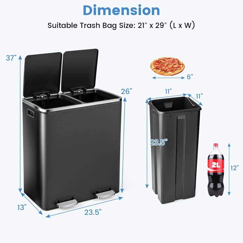 Barara King Trash and Recycling Bin, Kitchen Garbage Can Rubbish Bin,16 Gallon Dual Step Trash Can-Black