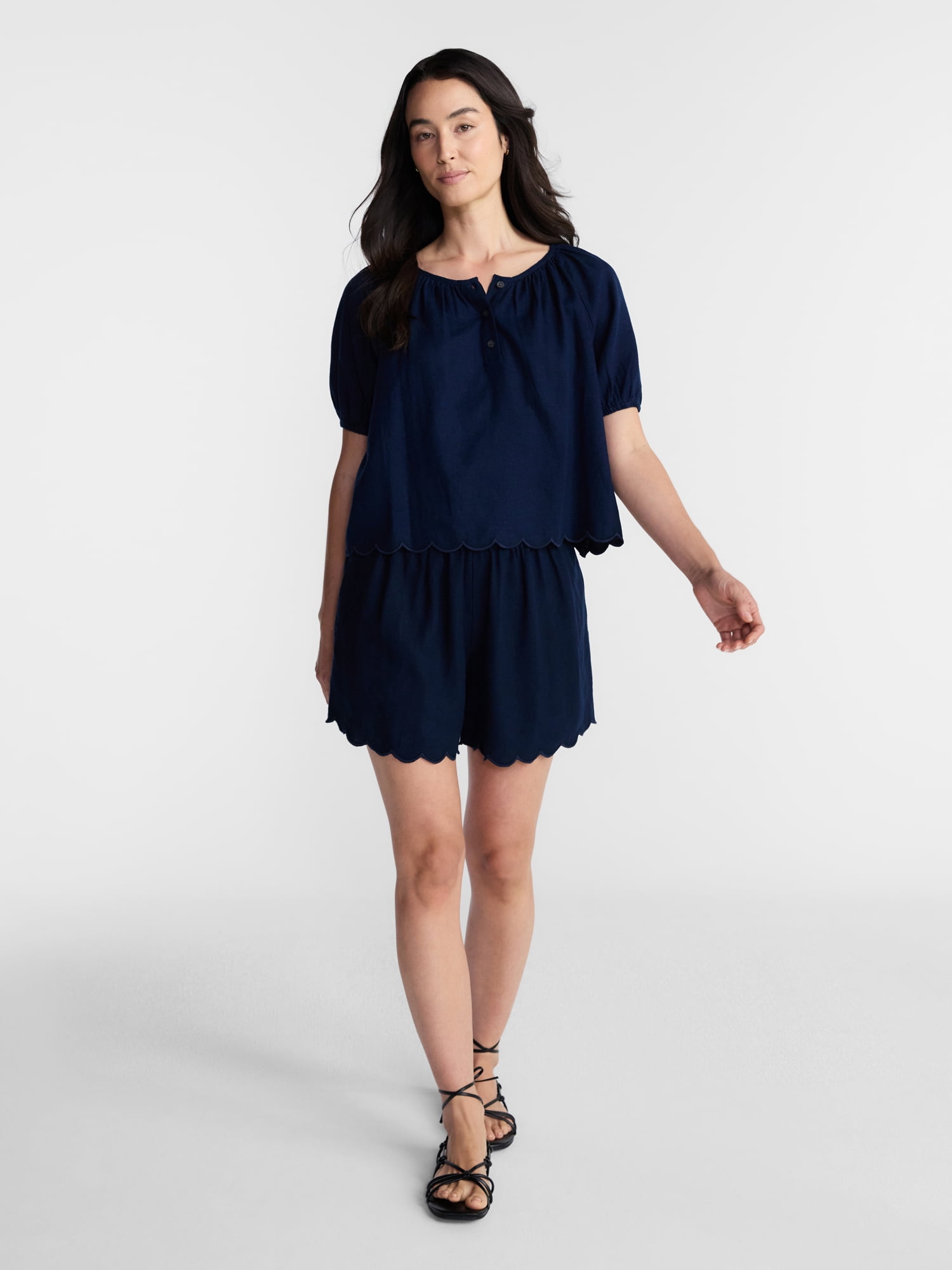 Time and Tru Women's Linen Blend Shorts with Scalloped Hem, Sizes XS-XXXL