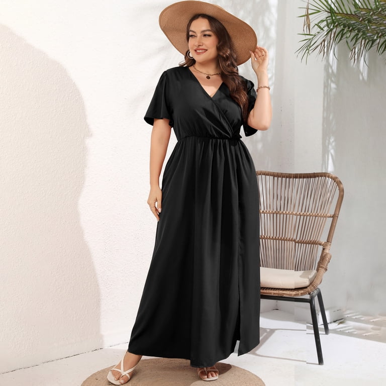Women Plus Size Wrap Maxi Dress Short Flutter Sleeves Empire Waist Split A Line Boho Casual Dress - Walmart.com Women Plus Size Wrap Maxi Dress Short Flutter Sleeves Empire Waist Split A Line Boho Casual Dress - Walmart.com