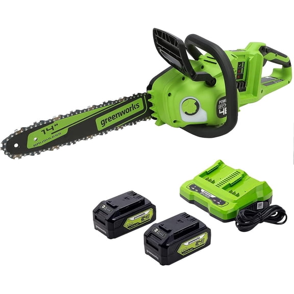 Greenworks 48V (2 x 24V) 14" Brushless Chainsaw, (2) 4.0Ah USB Batteries and Dual Port Charger - CS48L4410