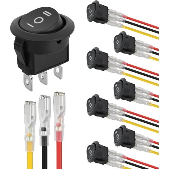 Nilight 8PCS 3 Way Round Rocker Switch with Wiring Harness SPDT 3 Pin ON Off ON Toggle 6A/250V 10A/125VAC 12V for Car Automotive RV Truck Boat Off-Road Vehicle