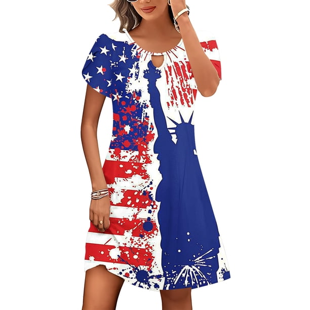 Puntoco Vestido De Cuello Redondo De Manga Corta Suelto Informal Estampado Del Día De La Independencia De Verano Para Mujer Azul Xxl,Regalos Para Mujer Joven