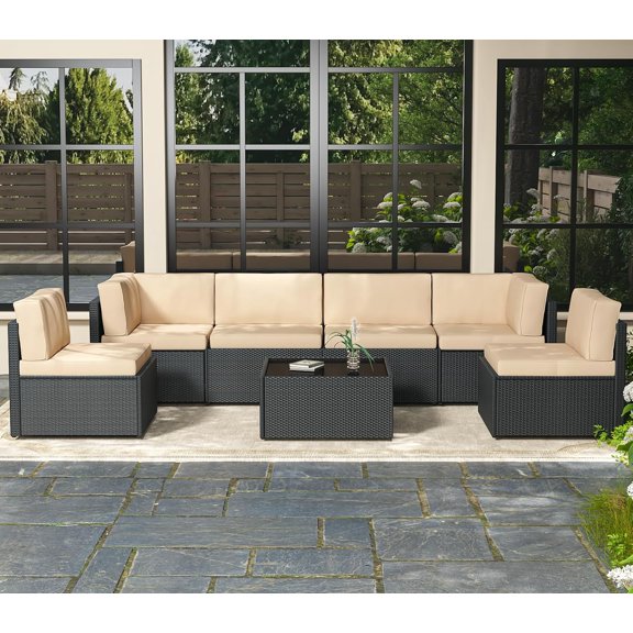 AECOJOY 7 Piece Outdoor Patio Furniture Set, Outdoor Sectional Conversation Furniture Chair with Coffee Table,Patio Sectional for Garden,Backyard(Khaki Cushions and Black PE Rattan)