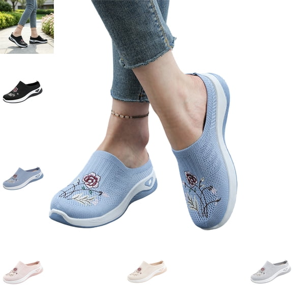 YOUYEDIAN Mules for Women Versatile Round Toe Comfy Fashion Floral Print Flats Casual Backless Sport Soft Walking Shoes