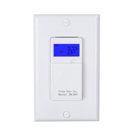 Range Fan Switch - Century 7 Day Programmable In-Wall Timer Switch for Lights, fans and Motors , Single Pole and 3 Way Both Use, Blue Backlight, Neutral Wire Required, White