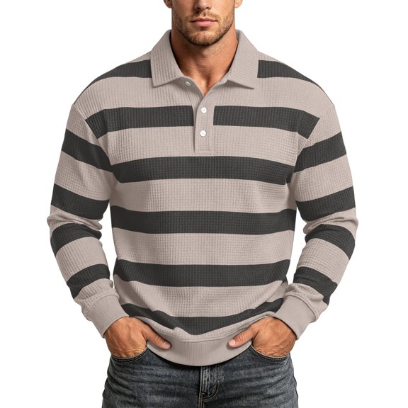 Zysthvn Golf Long Sleeve Shirts for Men Striped Casual Polo Mens Tees Button Comfy Turn Down Collar Vintage Tops