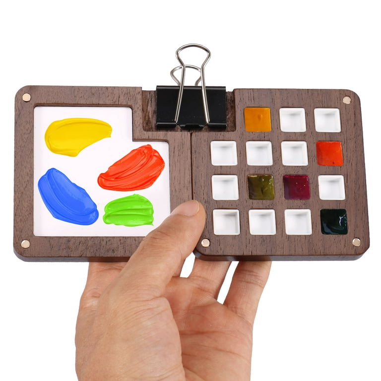 Portable Sketchbook Palette Wooden Mini Travel Paint Palette with Clip 15  Grids Magnetic Colour Palette Box Reusable Travel Paint Tray Box for Water