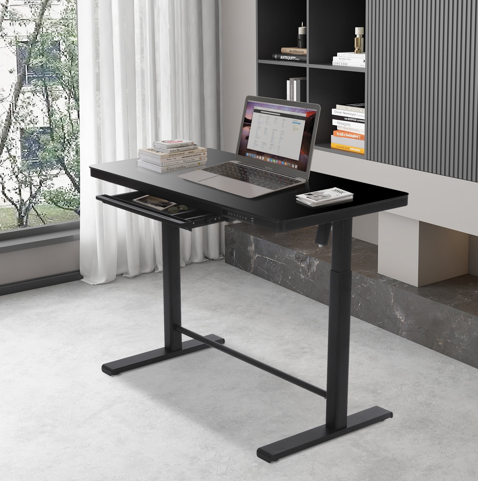 Rise Up Glass Electric Standing Desk | 45" Black Glass Top Adjustable Height Sit Stand Desk with USB-C Charging & Memory Controls