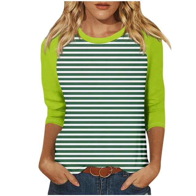 WEAIXIMIUNG T-Shirt Décontracté à Rayures Manches 3/4 pour Femmes, Col Rond, Confortable, pour Usage Quotidien