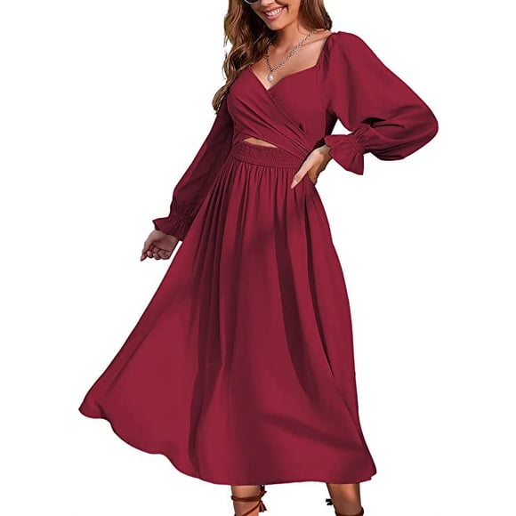 Women Tie Back Long Puff Sleeve Dress Sage Ruffle Wrap Reversible Flowy Casual Midi Dress with Pocket for Party Wedding Beach wine red xl