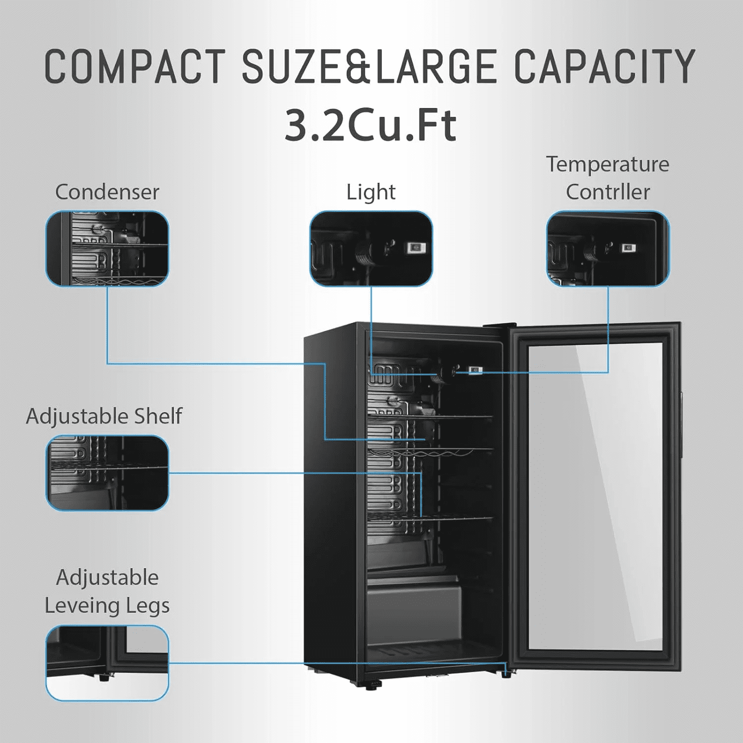 Kcpolre Compact 3.0 Cu.Ft Beverage Refrigerator for 105 Cans - Freestanding Drink Cooler with Adjustable Temperature for Home, Office, Bar