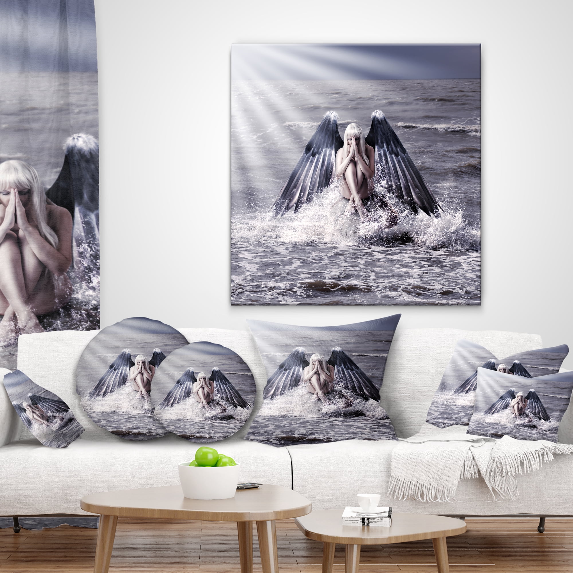 Designart Woman with Dark Angel Wings - Modern Beach Throw Pillow - 16x16