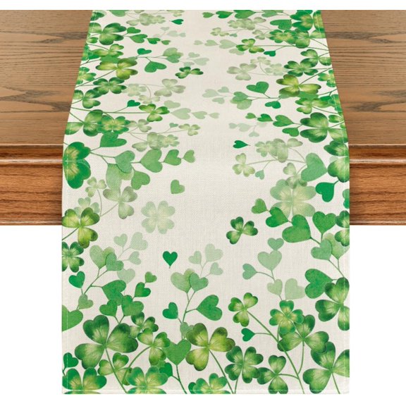 Shamrock Love Heart St. Patrick's Day Table Runner, Seasonal Spring Kitchen Dining Table Decoration for Home Party Decor