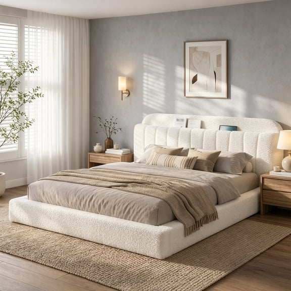 melmine King Size Cloud Bed Frame with LED Light & Srorage Upholstered Bed Frame with Headboard,Noise Free,Easy Assembly,White