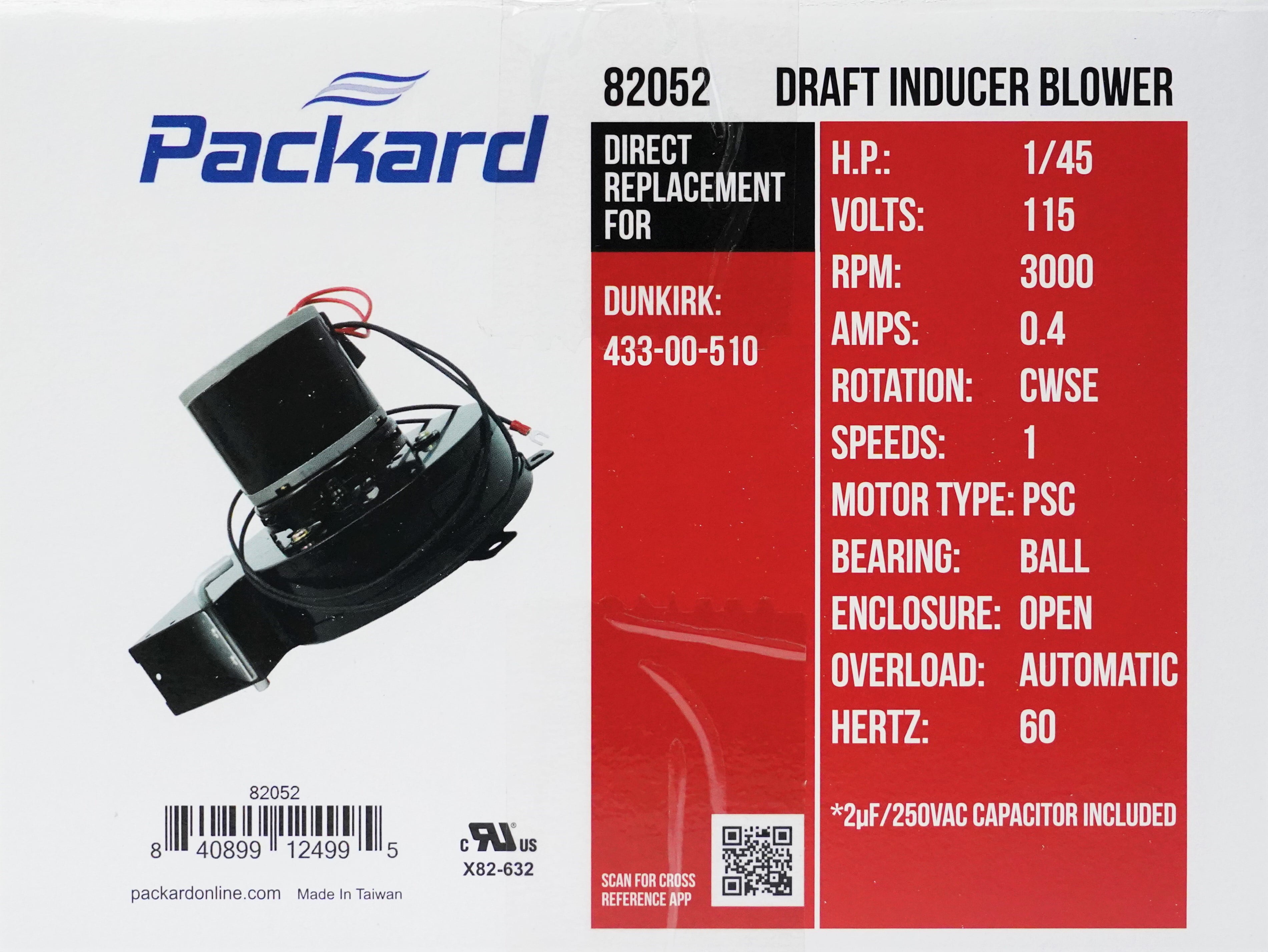 H,115V 82052 PACKARD Draft Inducer,5-1/32in 