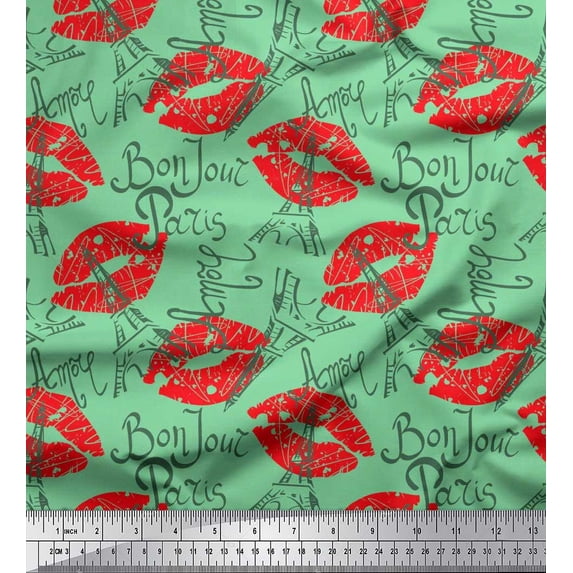 Soimoi Green Rayon Fabric Text,Eiffel Tower & Lips Women Print Fabric by Yard 56 Inch Wide