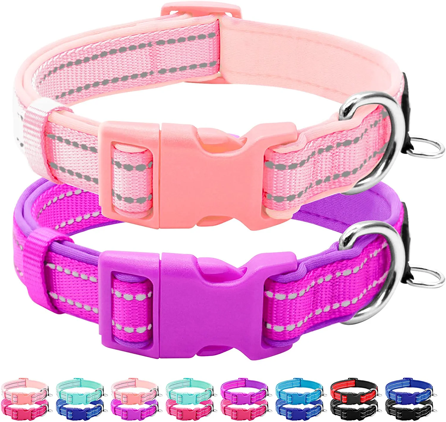 azuza 2 Pack Reflective Soft Neoprene Padded Dog Collars Adjustable Pet