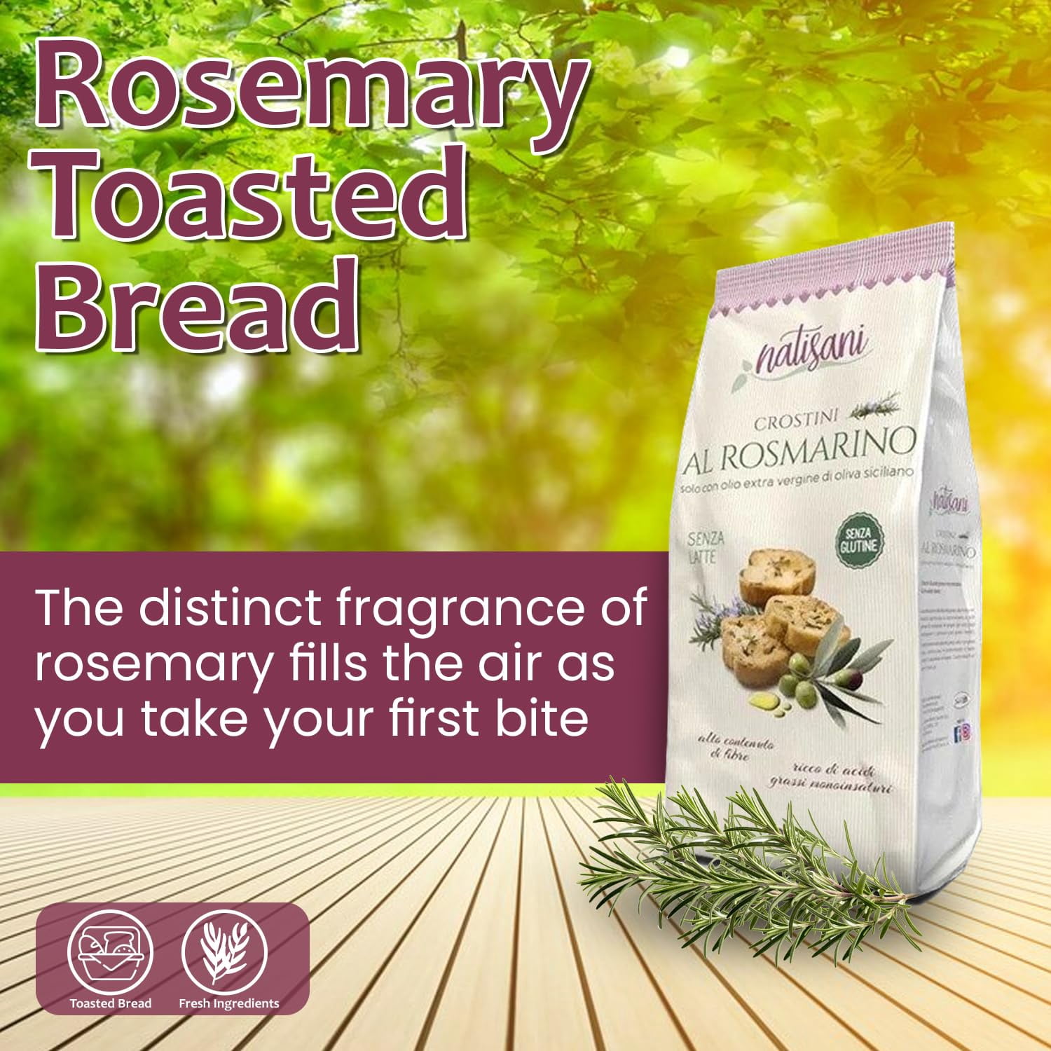 NATISANI Gluten-free Crostini with Rosemary and Olive Oil, Product of Italy, Toasted Bread Slices, All-natural, Flavoring or Preservatives, 130g (Pack of 3)