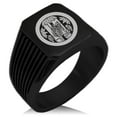 thumbnail image 1 of Stainless Steel Torii Samurai Crest Needle Stripe Pattern Biker Style Polished Ring, 1 of 1