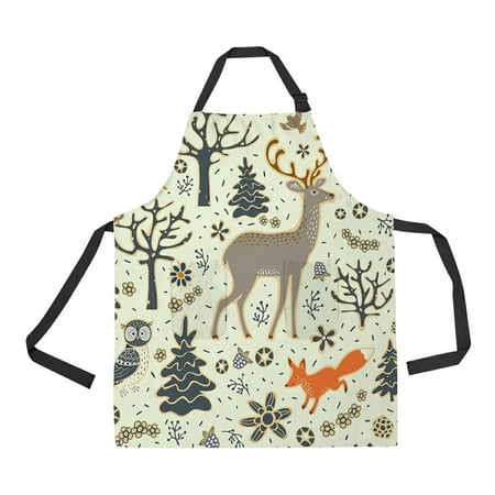 

ABPHQTO Forest Owl Deer Fox Squirrel Birds Trees Flowers Apron Home Kitchen Apron with Pockets