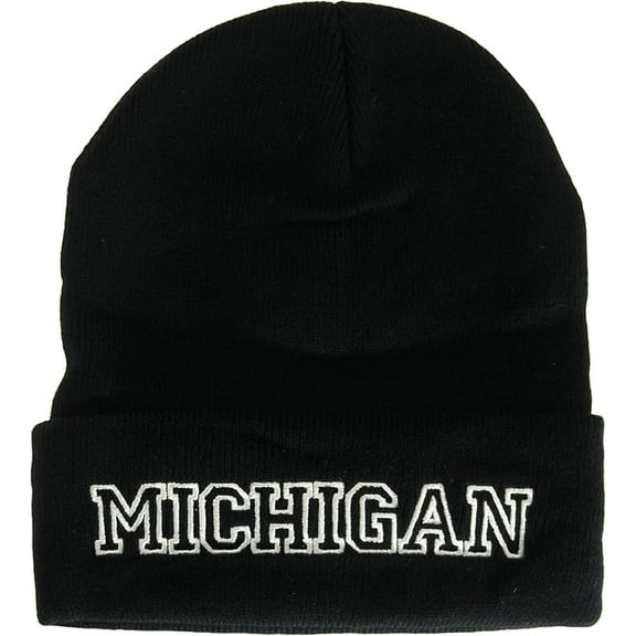 Michigan Cuffed Winter Knit Beanie Toboggan Hat (Black/White)