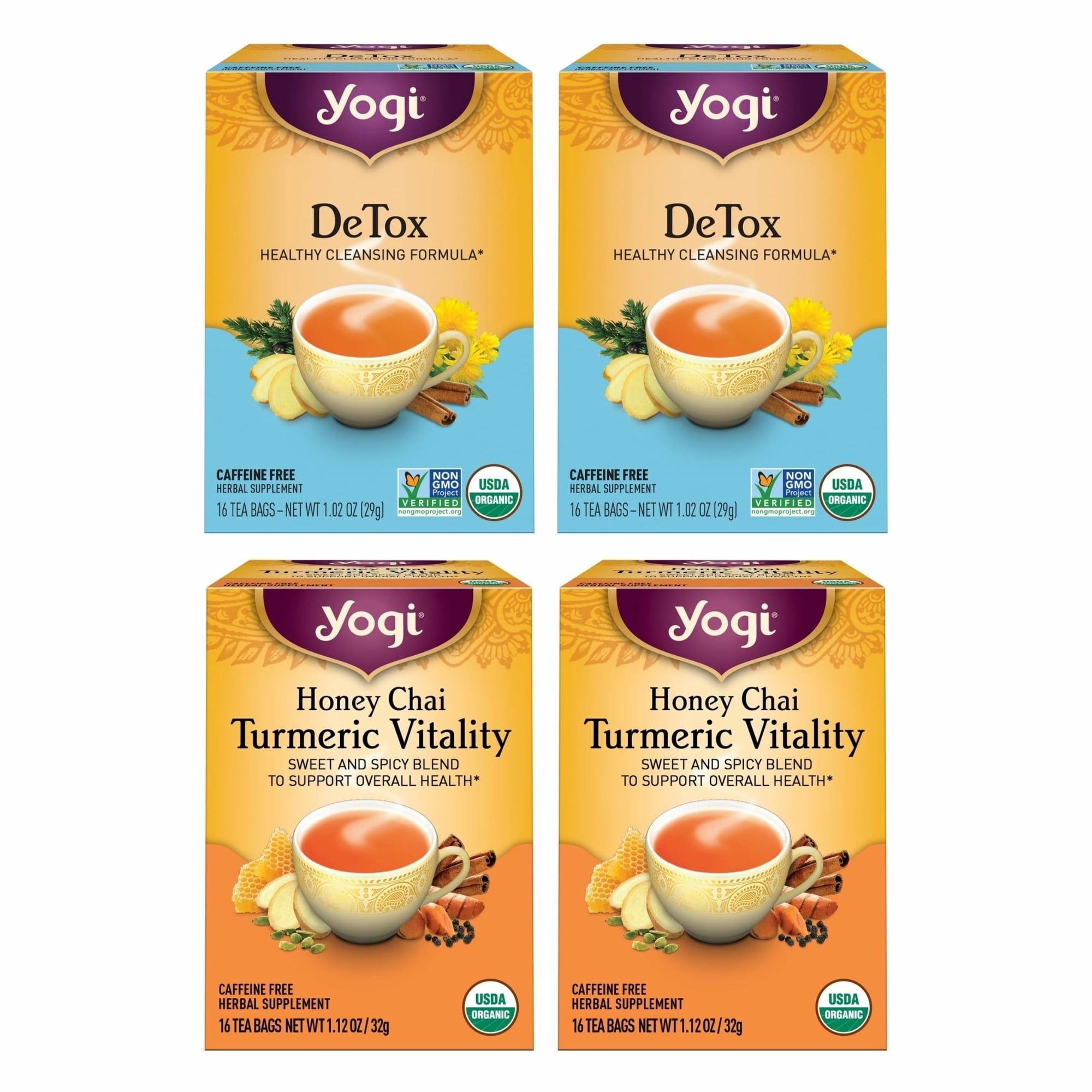 Yogi Tea DeTox and Wellness Variety Pack 4pk - 16 Bags per Pack (4 Pack) - Organic Herbal Cleansing Teas - Includes (2 Boxes Each) of Honey Chai Turmeric Vitality & DeTox - Caffeine-Free Teas